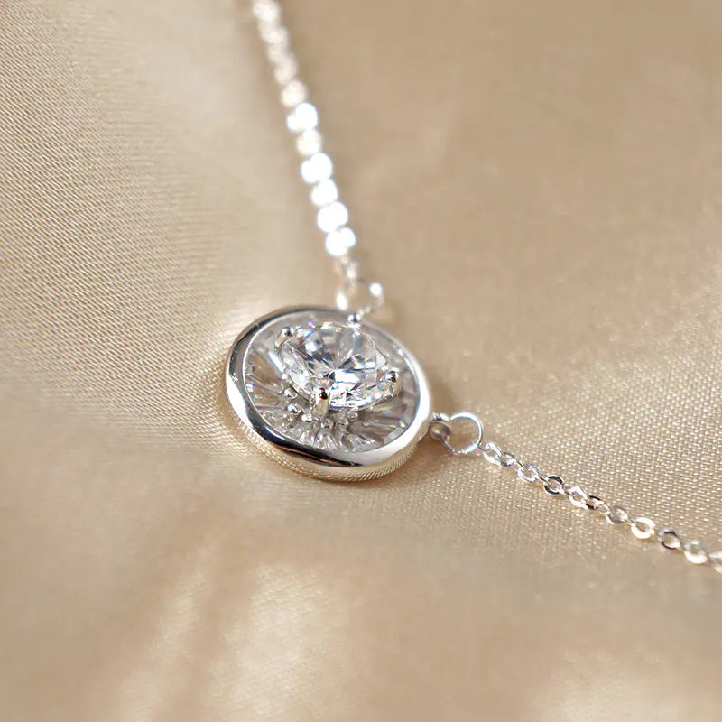 Close-up of zircon pendant detail on silver choker necklace