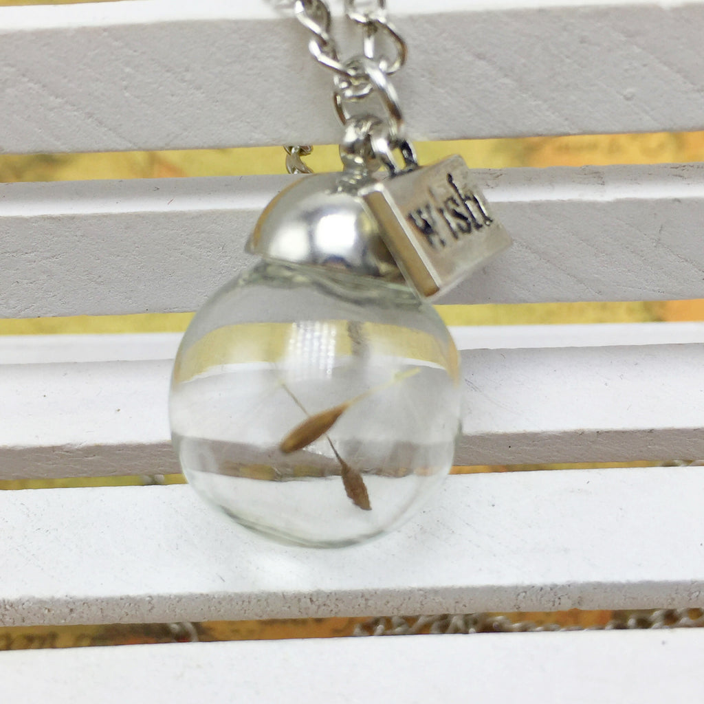 Nature-inspired dandelion glass pendant necklace in white