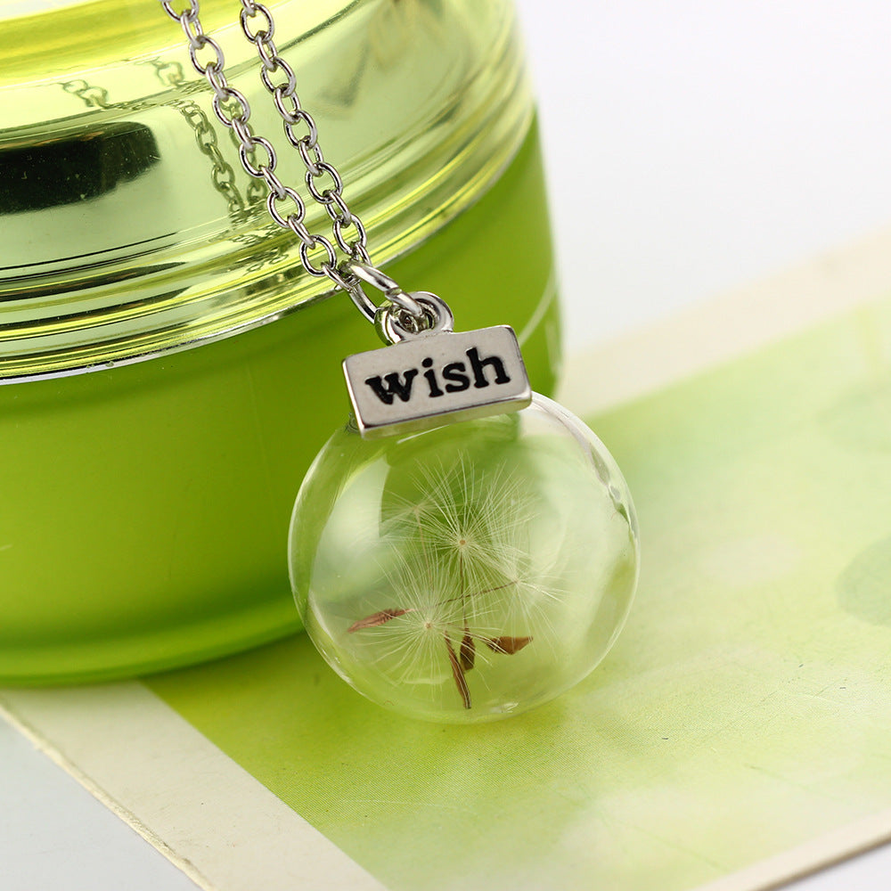 White dandelion glass pendant necklace, alternate view