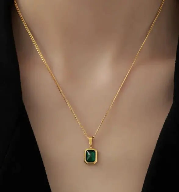 Close-up of emerald cubic zirconia pendant necklace