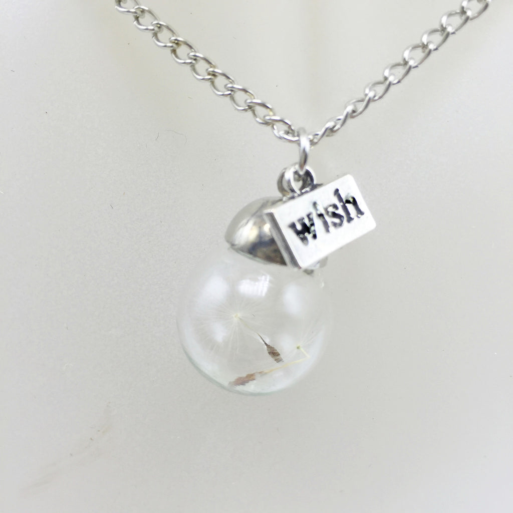 Dandelion glass pendant necklace in white, round pendant on a chain