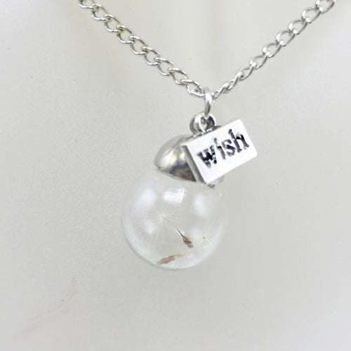 Dandelion glass pendant necklace in white, round pendant on a chain